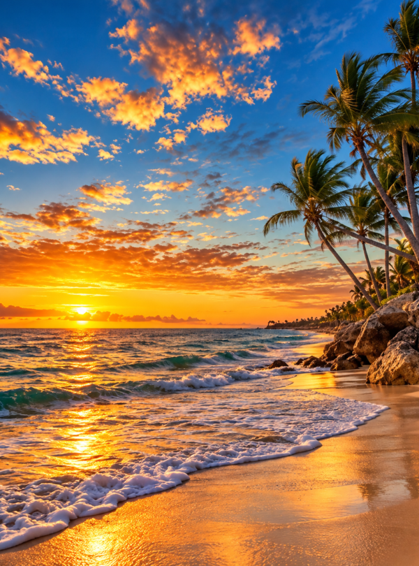 BAVARO Atardecer tropical entre palmeras y olas