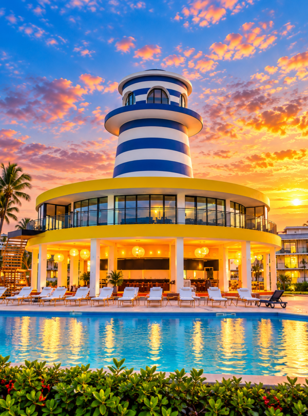 UVERO ALTO Faro tropical junto a la piscina al atardecer
